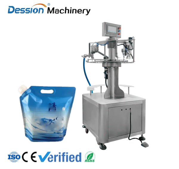 Spout bag water, beverage, juice filling, capping and sealing packaging machine