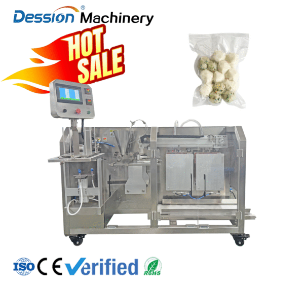 Automatic vacuum packaging machine for meatballs and dried meat in stand-up bags