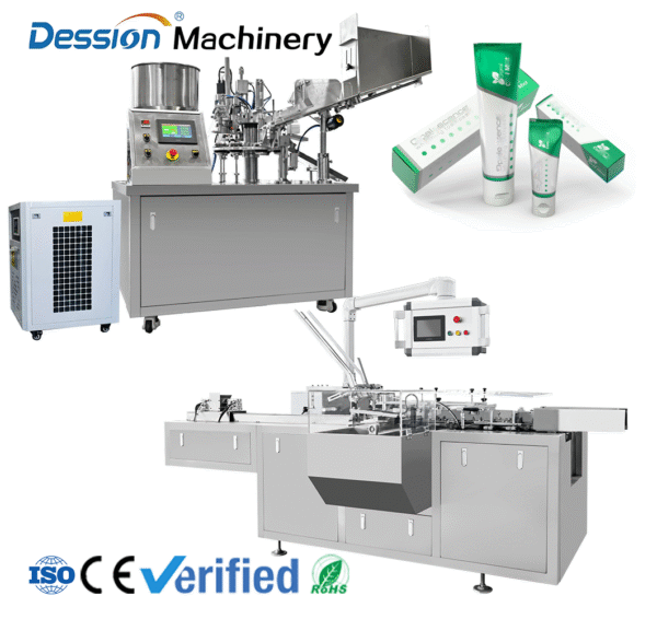 Automatic sealing, filling and packaging line for toothpaste tubes, hoses and facial cleanser hoses