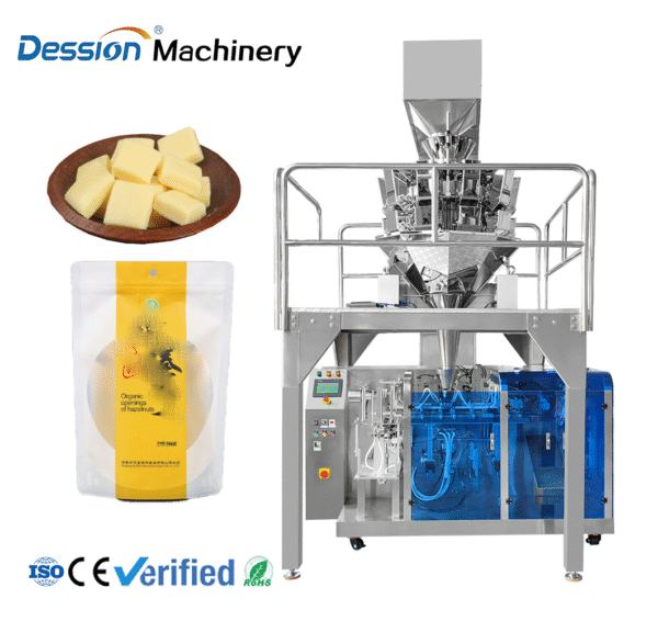 Automatic granule packaging machine for cheese, biscuits and popcorn in doypack bags